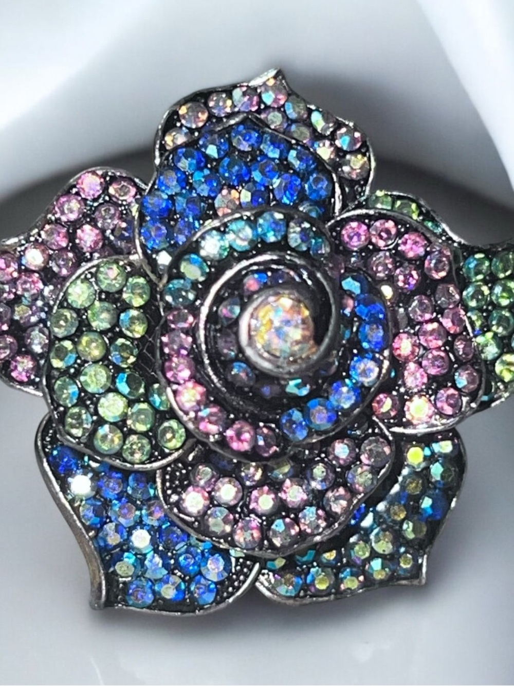 Marshall Rousso Multicolor AB Crystal Flower Statement Stretch Gold Tone Ring